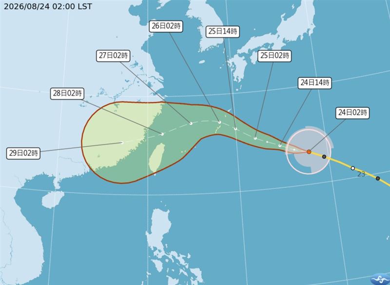 沙德爾預計週四（27日）轉向西南西移動，恐在深夜暴風圈籠罩北台灣。（圖／中央氣象署）