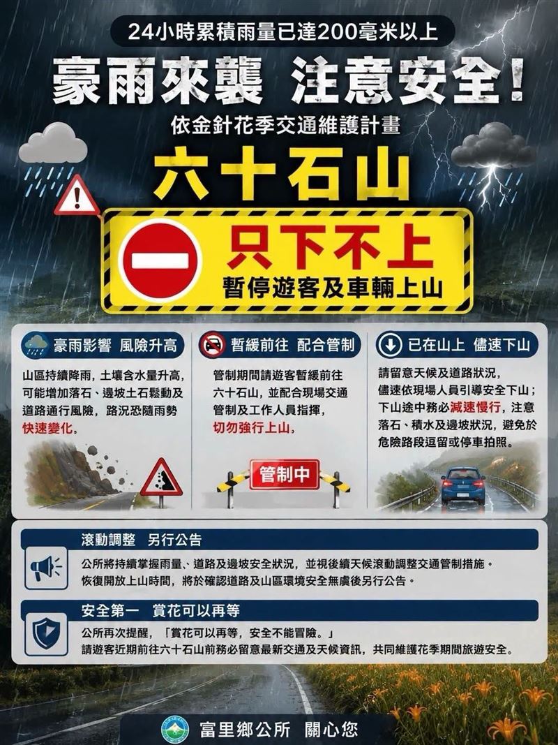 受持續降雨影響,花蓮六十石山禁止遊客及車輛「只下山不上山」。(圖/翻攝畫面)