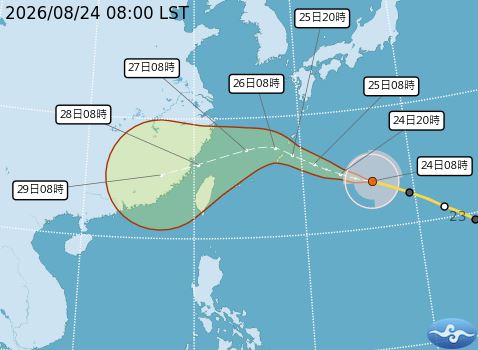 沙德爾颱風路徑預測圖,預計27日轉西南西移動,恐籠罩北台灣。(圖/中央氣象署)
