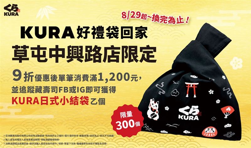 藏壽司慶新店開幕!限時14天九折優惠滿額再送限量「KURA日式小結袋」。(圖/品牌業者提供)