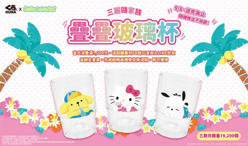 藏壽司9月加碼疊疊玻璃杯滿額贈-Hello Kitty、布丁狗、帕恰狗萌翻餐桌。(圖/品牌業者提供)