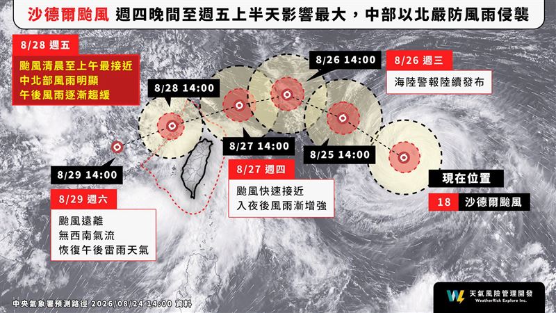 「天氣風險 WeatherRisk」今(24)天下午貼出一張圖指出,週四、週五沙德爾颱風最接近,中北部影響較大。(圖/翻攝自天氣風險臉書)