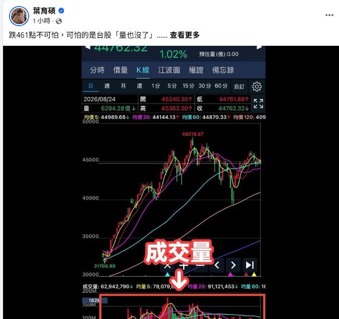 財經專家葉育碩在臉書發文表示,跌461點不可怕,可怕的是台股「量也沒了」。(圖/翻攝自葉育碩臉書)