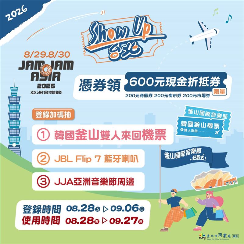 串聯JJA亞洲音樂節玩遍臺北城市商圈，8/28起登錄JJA門票領600元電子現金折抵券，再抽釜山雙人來回機票！（圖／臺北市政府提供）