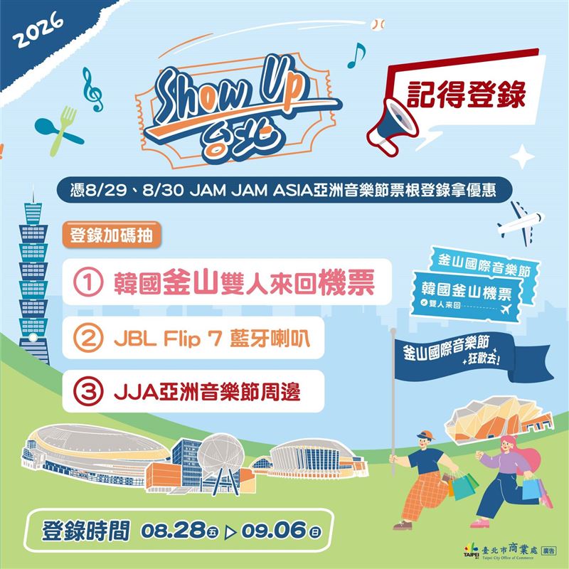 串聯JJA亞洲音樂節玩遍臺北城市商圈，8/28起登錄JJA門票領600元電子現金折抵券，再抽釜山雙人來回機票！（圖／臺北市政府提供）