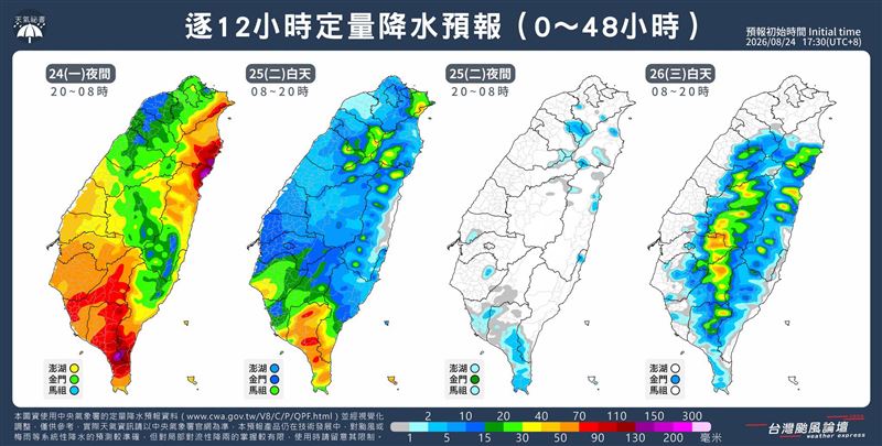 週二(25日)20時至週三(26日)8時,雨量預報圖久違的出現空白一片。(圖/翻攝自台灣颱風論壇|天氣特急臉書)
