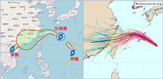 西北太平洋洋面上出現「三颱共存」。右圖:最新歐洲系集模式顯示,「沙德爾」的平均模擬路徑、週四、五中心通過臺灣北部海面。個別模擬路徑則分布在其左、右兩側。(圖/翻攝自洩天機教室官網)