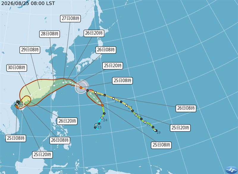 中央氣象署預測沙德爾颱風未來路徑。(圖/中央氣象署)