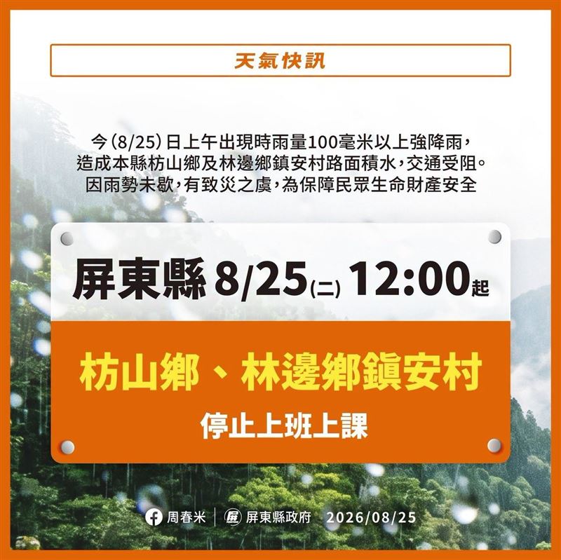 屏東縣政府宣布,今日中午12時起,枋山鄉及林邊鄉鎮安村停止上班上課。(圖/翻攝自i屏東~愛屏東 臉書)