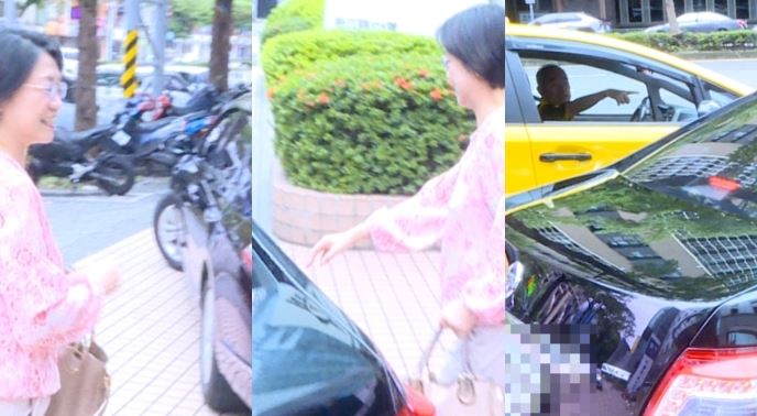 翁曉玲坐上疑似停在人行道上的車,被計程車司機按喇叭開窗大嗆(組合圖/翻攝畫面)