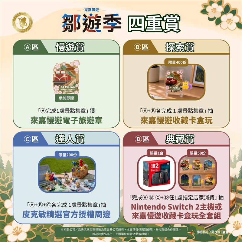 「嘉義縣鄒遊季」9月1日登場,走訪特色景點集旅章,Nintendo Switch 2、皮克敏官方授權周邊等多項好禮大方送。(圖/嘉義縣政府提供)