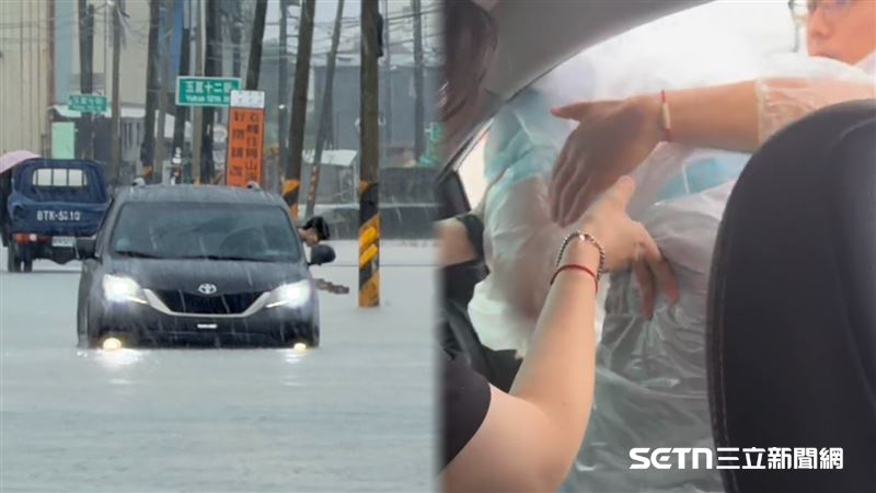 積水比預期更深,直逼一個輪胎高,座車開到一半突然拋錨。(圖/翻攝畫面)