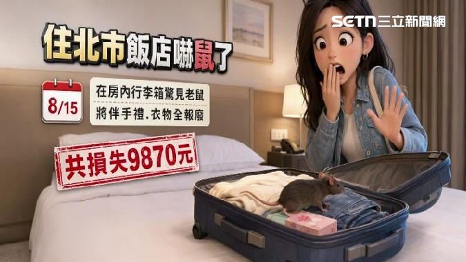 香港旅客入住北市飯店,從行李箱要拿衣服出來時,沒想到老鼠就從她的面前跳出