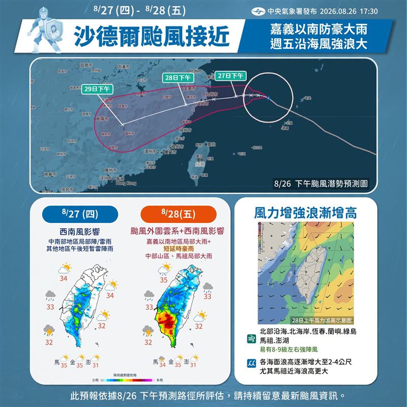 颱風沙德爾與西南風影響,預計週五雨勢最猛烈。(圖/氣象署)