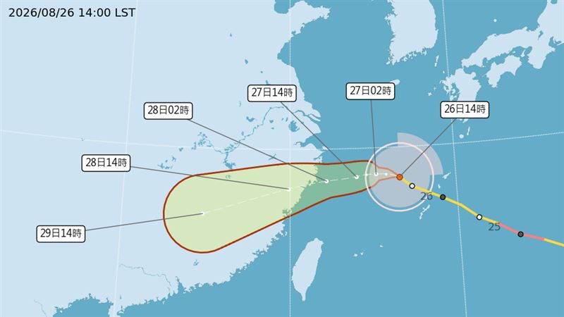 沙德爾颱風持續向西移動,最快8月27日清晨發海警。(圖/中央氣象署提供)