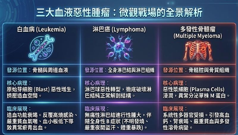 台北慈濟醫院提供三大血液惡性腫瘤的微觀戰場全景解析。（圖／台北慈濟醫院提供）