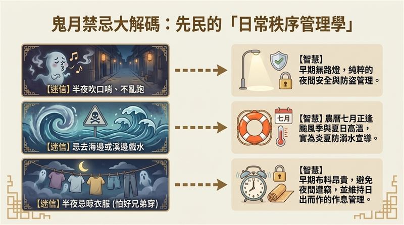 內政部呼籲中元普渡免「驚驚」,並解密趣味禁忌,推環保祭祀愛心做公益。(圖/內政部提供)