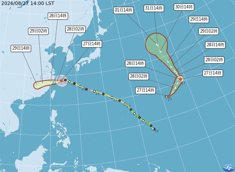 天氣風險表示,沙德爾颱風已逐漸轉向偏西移動,預估明日上午登陸中國浙江。(圖/翻攝自中央氣象署)