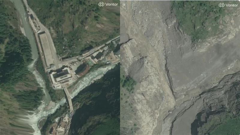 拉蘇瓦加迪邊境口岸已被完全摧毀,冰川洪水徹底沖刷了河谷底部。圖為災前災後的對比圖。(組合圖/翻攝自X平台 @Osinttechnical)