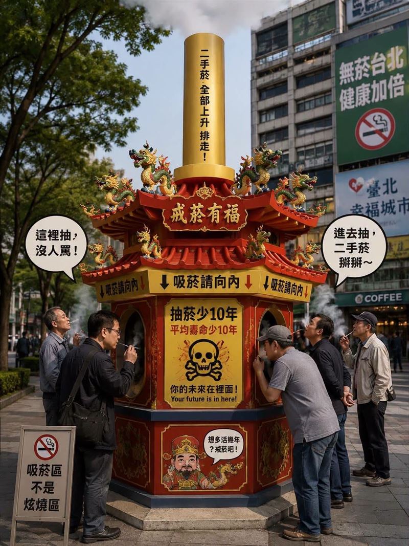 張景森寫下,AI設計的吸菸區說明:靈感來自網友,造型則取自台灣傳統廟宇的環保金爐或者中式涼亭,既然金紙燃燒的煙可以集中處理,二手菸當然也可以。(圖/翻攝自張景森臉書)