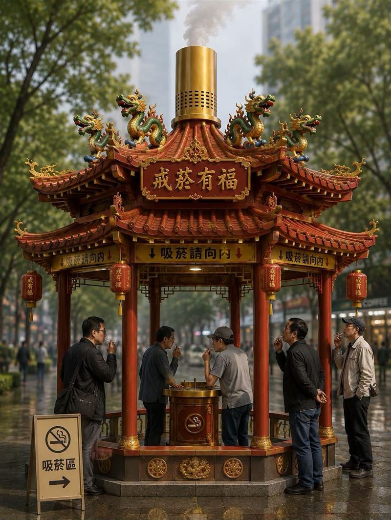 張景森寫下,AI設計的吸菸區說明:靈感來自網友,造型則取自台灣傳統廟宇的環保金爐或者中式涼亭,既然金紙燃燒的煙可以集中處理,二手菸當然也可以。(圖/翻攝自張景森臉書)
