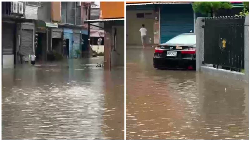 屏東潮州因暴雨淹水,民眾涉水而過,車輛疑似拋錨。(圖/郭彥呈提供)