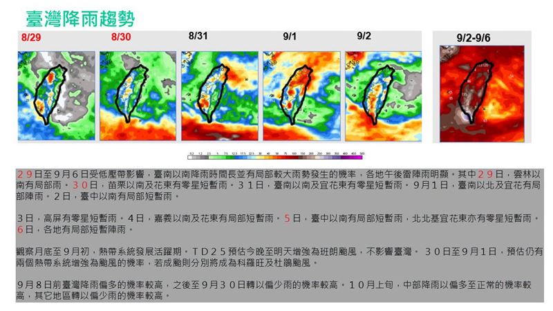 氣象專家賈新興表示,這波低壓帶長時降雨「至少要下到9月6日」。(圖/翻攝自賈新興臉書)