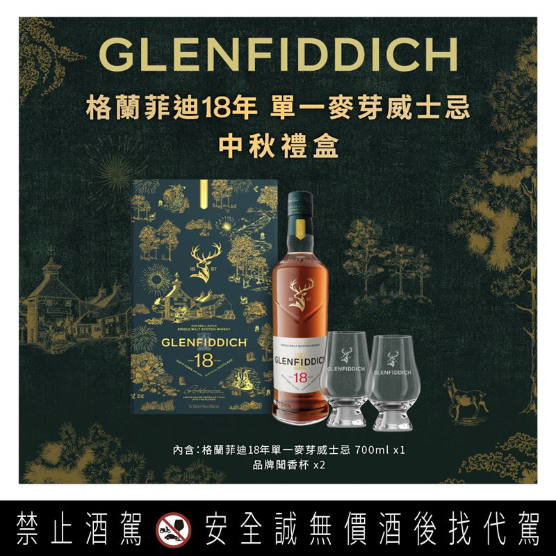 格蘭菲迪15年與18年單一麥芽威士忌中秋禮盒,每盒隨附兩只品牌威士忌聞香杯,即日起可於全台特選菸酒專賣店購買。(圖/品牌業者提供)