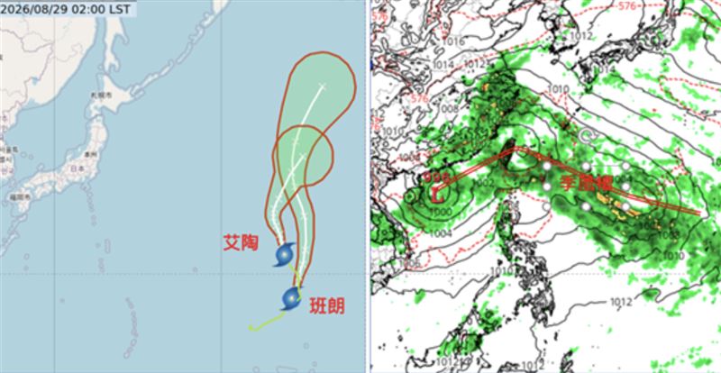 左圖:最新(29日2時)氣象署「路徑潛勢預測圖」顯示,第21號輕颱「艾陶」,在威克島北方偏北而行,第22號輕颱「班朗」則緊追在後、兩者有「藤原效應」。右圖:最新(28日20時)歐洲(ECMWF)模式、下週二(1日20時)模擬圖顯示,「季風槽」活躍,臺灣東方海面及南海皆有熱帶擾動發展的跡象。(圖/翻攝自洩天機教室官網)