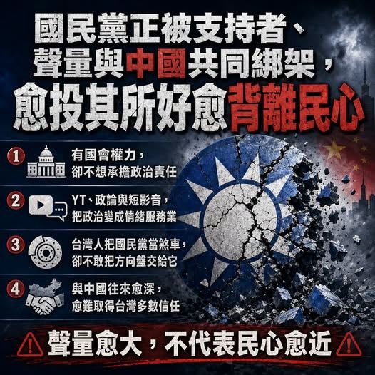 國民黨正被支持者、聲量與中國共同綁架,愈投其所好愈背離民心。(圖/翻攝自聲量看政治臉書)