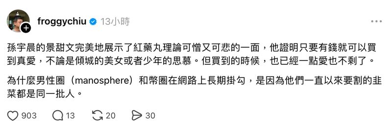 呱吉近日在Threads上發文,討論景甜、孫宇晨近期發生的風波。(圖/翻攝自Threads @froggychiu)