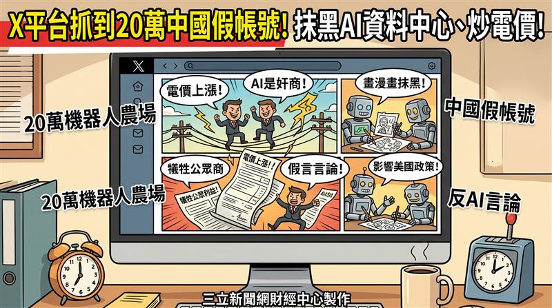 社群平台X的安全團隊在調查不實帳號時,意外發現規模大約20萬的中國假帳號機器人農場。這些帳號在平台上發布反人工智慧(AI)相關的內容,意圖干擾美國社會對AI與能源政策的討論。(圖/三立新聞網財經中心莊佳芳AI製圖)