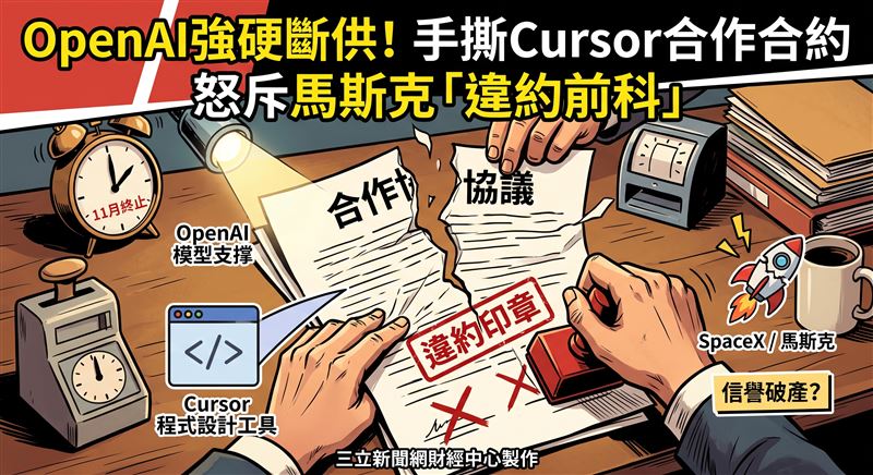 OpenAI於29日宣布,將於今年11月終止與SpaceX旗下程式設計工具Cursor的合作,屆時將停止提供AI模型支援。(圖/三立新聞網財經中心莊佳芳AI製圖)