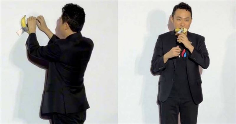 孫宇晨斥資620萬美元買下《喜劇演員》後，將香蕉吃掉。（圖／翻攝自Ｘ／sunyuchentron）