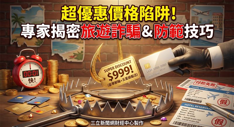 美國聯邦貿易委員會（FTC）指出，以遠低於市價的豪華行程作為誘餌，卻不提供具體細節，是一種常見的旅遊騙局。（圖／三立新聞網財經中心莊佳芳AI製圖）