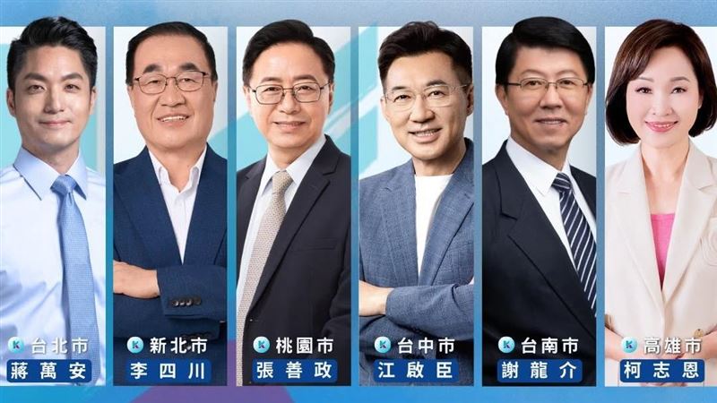 國民黨六都市長參選人，由左至右依序，台北市蔣萬安、新北市李四川、桃園市張善政、台中市江啟臣、台南市謝龍介、高雄市柯志恩。（圖／翻攝自國民黨臉書）