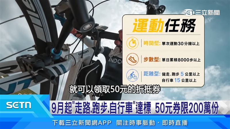 全民運動即將開跑,9月1日到11月30日只要完成三大任務,就可以領取50元的折抵券,最多能賺7百元