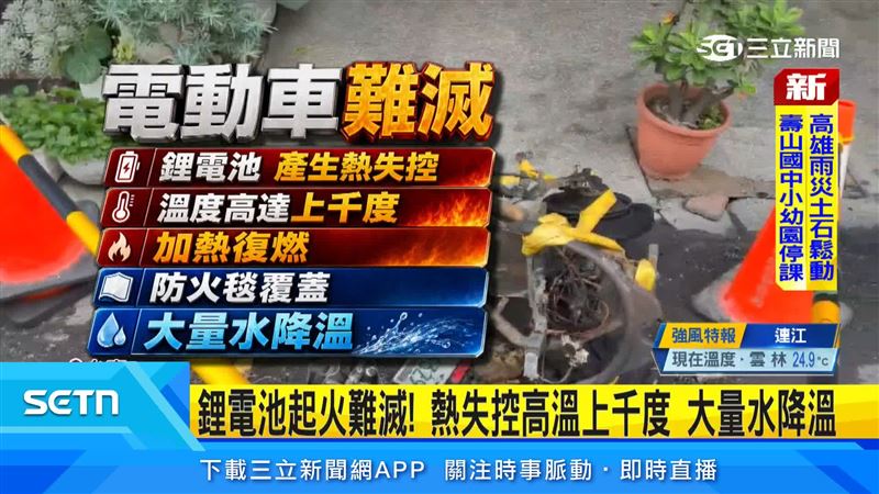 電動車使用鋰電池,滅火器失效需要大量水源降溫,所幸這次火勢沒有波及其他人車