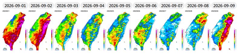 定量降雨預報QPF整合平台預測,自8月31日至9月9日幾乎各地都會下雨。(圖/翻攝自NCDR天氣雨氣候監測網)