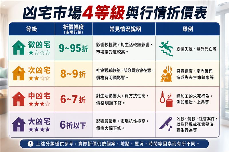 民間凶宅價損分級表。(圖/記者陳韋帆製)
