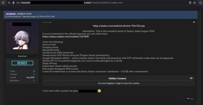 暗網驚現兜售Zeabur高達612GB完整資料庫,瞬間引發Threads社群熱議。創辦人林沅霖對此強調,僅環境變數外洩,紀錄未見整批客戶資料外洩。但資安專家提醒,如暗網開賣的資料屬實,實際災情恐遠比公告嚴重。(圖/翻攝自暗網)