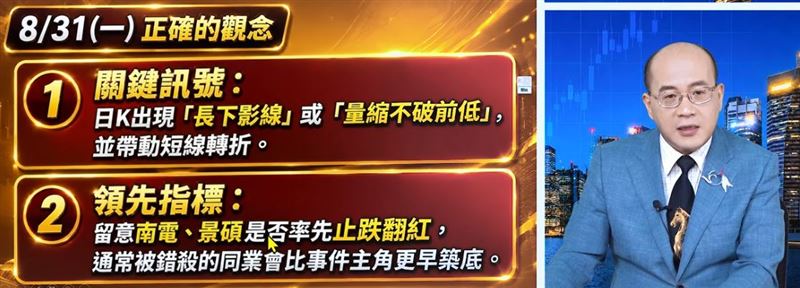 摩爾證券投顧分析師江國中(江江老師)表示,投資人可密切留意景碩與南電誰能率先止跌翻紅,若日K線能出現「留下影線」或「量縮不破前低」,代表主力資金已默默進場鎖定,是短線止跌、迎來報復性轉折的最強訊號。(圖/翻攝自YouTube)
