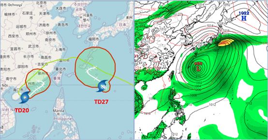 TD20有發展成颱的機率,向東北東移動,明日逐漸接近東沙島北方海面、有打轉改變方向的現象。TD27在琉球南方海面打轉後偏西北再轉東北而行(左)。下週日模擬圖顯示,臺灣東方海面形成大低壓環流,水氣帶南移至巴士海峽。(右/擷自tropical tidbits)