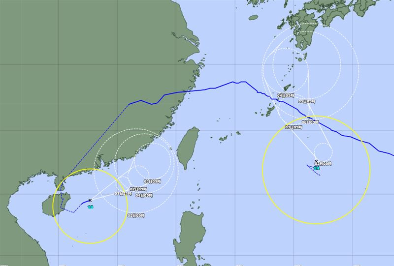 雙颱共存，沙德爾（左）、科羅旺（右）颱風最新預測路徑曝光。（圖／翻攝自日本氣象廳）