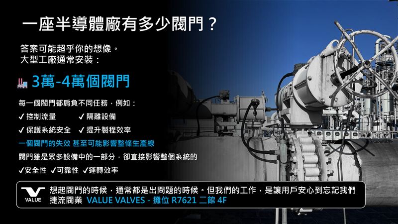 捷流閥業受惠AI基建擴廠浪潮,在手訂單達15億元且能見度7個月。半導體與高科技接單年增15%,全年半導體營收占比預估攀升至3至4成,目標2028年迎來營運巔峰。(圖/捷流閥業提供)