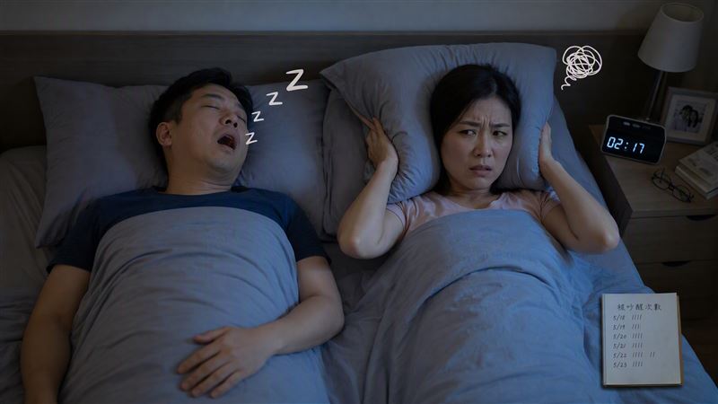 睡覺時若反覆出現呼吸停頓、喘醒、嗆咳,甚至突然安靜太久,恐是睡眠呼吸中止症警訊,應提高警覺並就醫檢查。(圖/AI製圖)