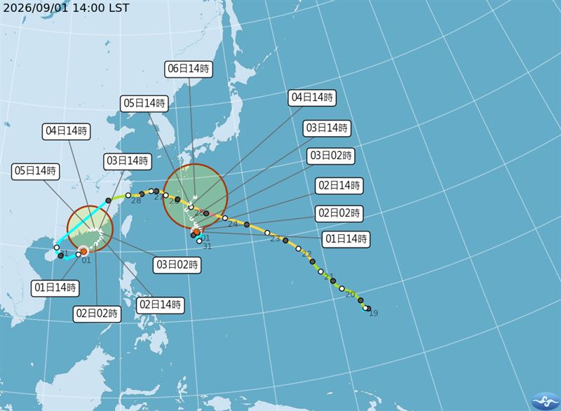 台灣周邊有沙德爾颱風及科羅旺颱風。（圖／氣象署）