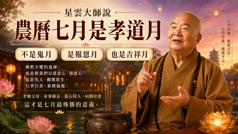 鬼月真相驚人曝光!星雲大師生前直言:真正可怕的根本不是鬼。農曆七月是想念的月、慈悲的月、報恩的月。(圖/ChatGPT製作)