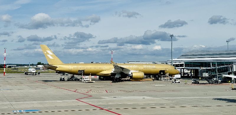 星宇航空「空山金」吸睛星宇航空與日本藝術家空山基合作推出的金色旗艦機A350-1000,1日飛抵捷克布拉格,金色的機身相當吸睛。中央社記者劉郁葶布拉格攝 115年9月1日