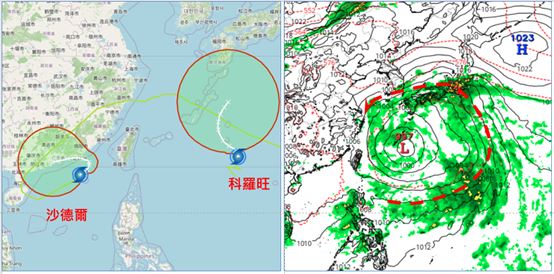 右圖:最新歐洲模式、週日模擬圖顯示,大低壓環流逐漸調整至臺灣東方海面,水氣帶南移至巴士海峽,臺灣轉東北風、大氣穩定,迎風面東北部及北部偶有局部短暫降雨的機率。(圖/翻攝自洩天機教室官網)